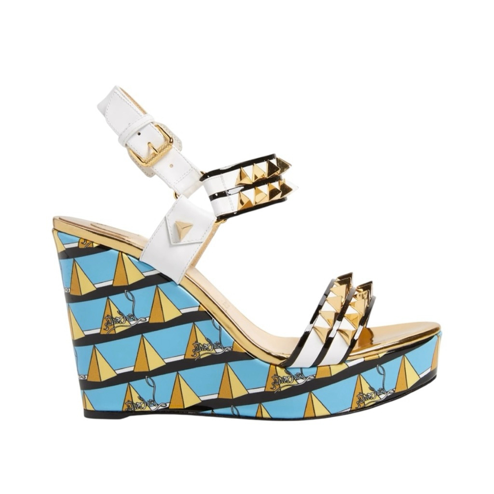 Christian Louboutin Griotta Wedge Sandal Size 37 White Gold Turquoise - Picture 4 of 8